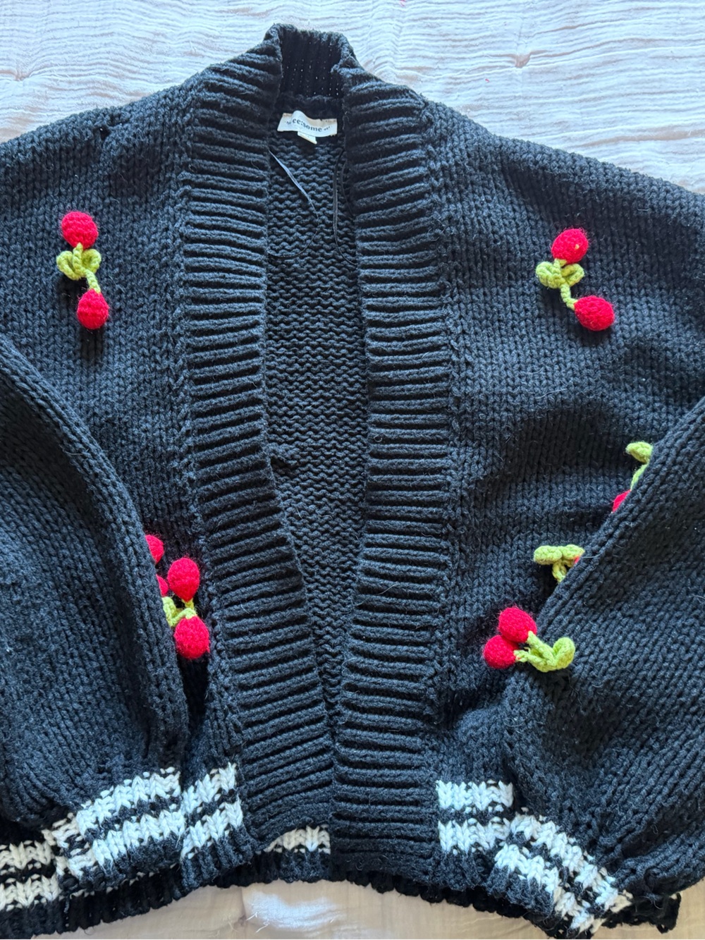 eesome Black Knit Cardigan with Red Cherry Pom Embroidery